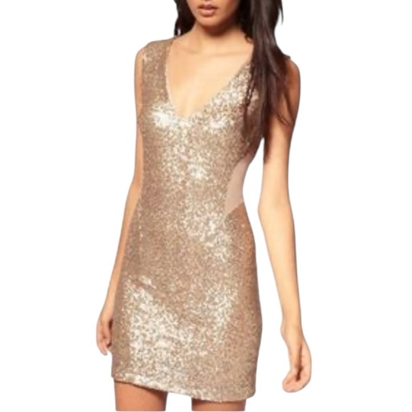 TFNC London Gold Sequins Mini Dress Women’s XS Stretchy Sparkly Homecoming Party - Picture 1 of 16